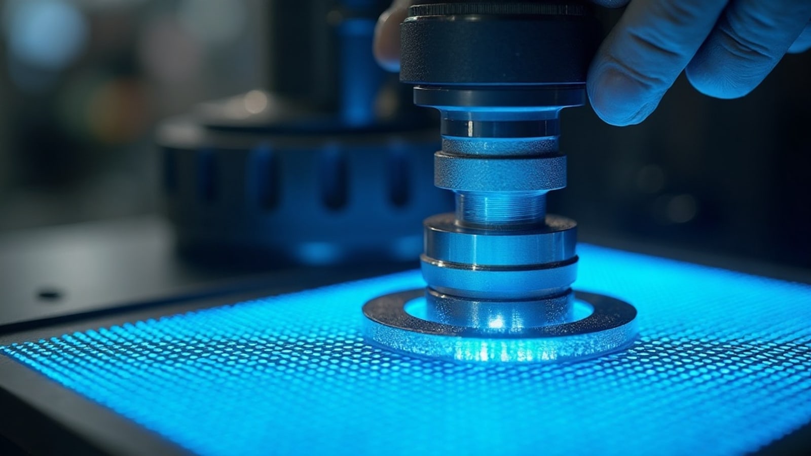 Pieza metálica medida con calibrador digital junto a un escáner 3D
