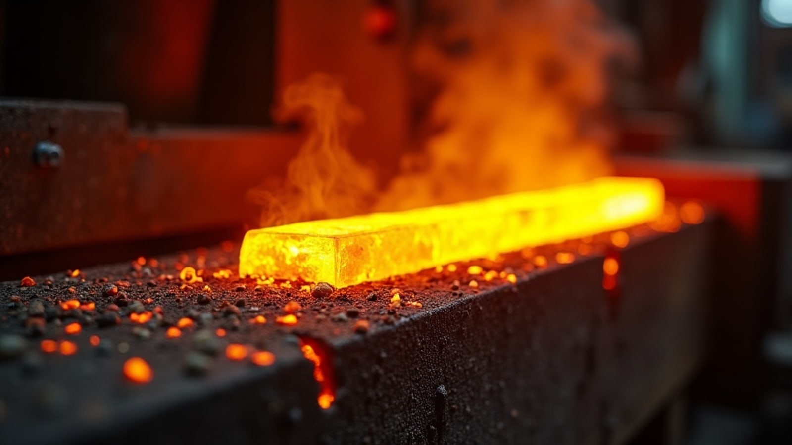 Glowing steel bar fresh out of the heat treatment furnace